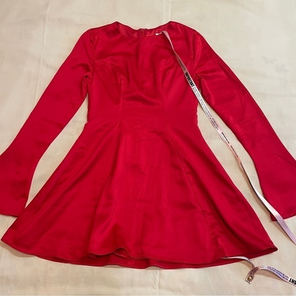 NEW! House of CB- Sacha Red Satin Mini Dress Long Flute Sleeve Round Neck Size S - Picture 4 of 13